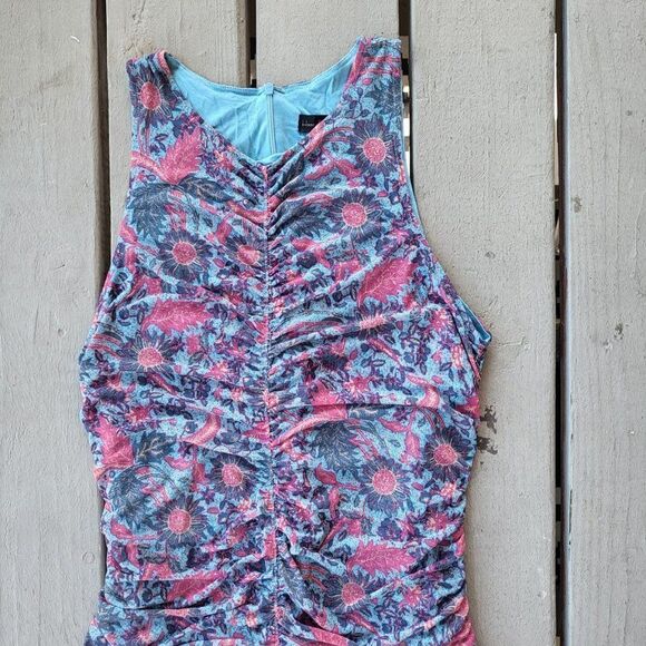 House of Harlow 1960 Bodycon Midi Dress Sleeveless Floral Pattern Ruched Pink XL - Picture 2 of 5